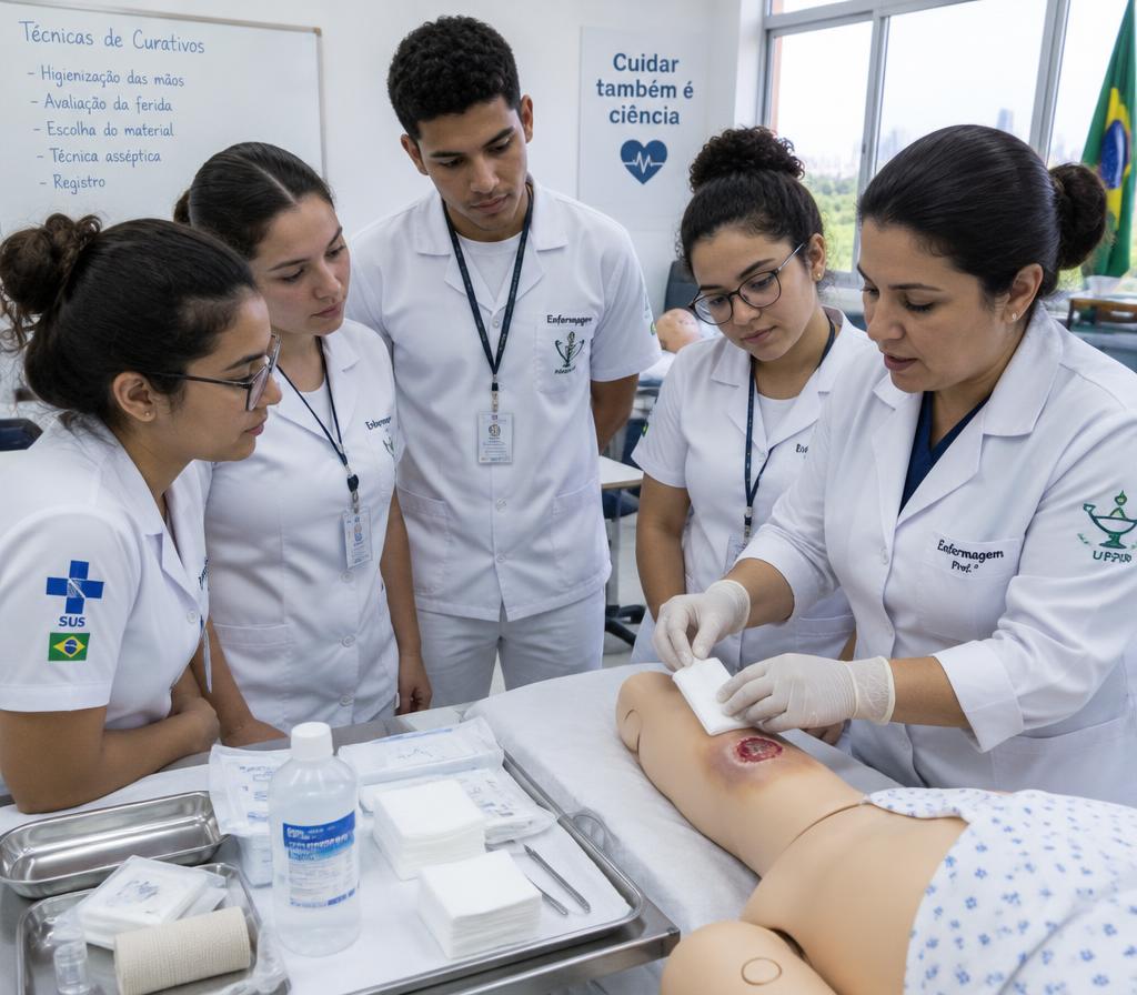 Turma de profissionais em capacitação de curativos na escola Vitalis